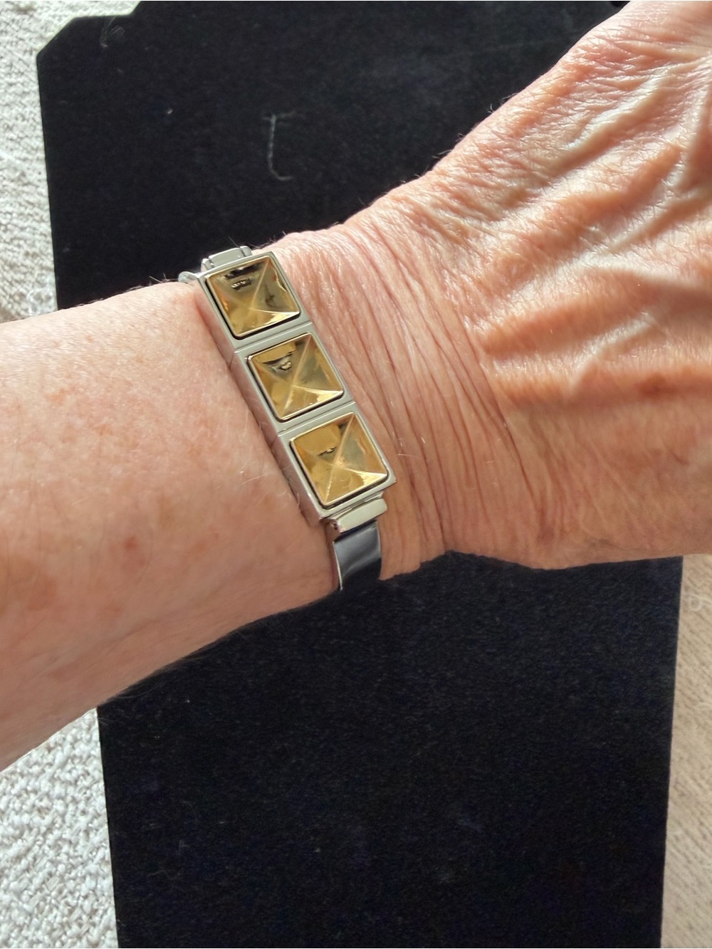 Tri-Panel Pyramid Accent Silver Bracelet Watch with Gold Faces